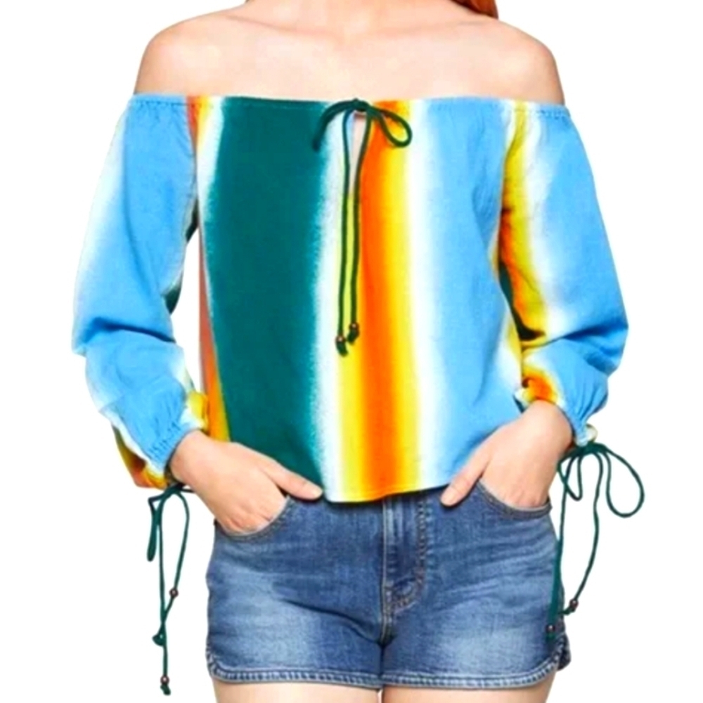 BCBGeneration Off The Shoulder Y2K Multi Color Cotton Cropped Blouse Size Large